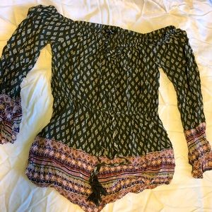 Off the shoulder blouse and shorts.